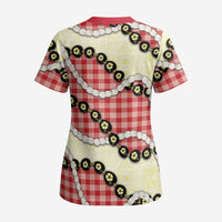 Red Palaka Hawaii Scrub Top Kukui Nut Pikake Lei Hawaiian Tapa Pattern - Polynesian Pride