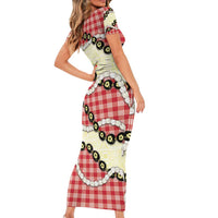 Red Palaka Hawaii Short Sleeve Bodycon Dress Kukui Nut Pikake Lei Hawaiian Tapa Pattern - Polynesian Pride