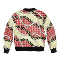 Red Palaka Hawaii Sleeve Zip Bomber Jacket Kukui Nut Pikake Lei Hawaiian Tapa Pattern - Polynesian Pride