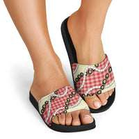 Red Palaka Hawaii Slide Sandals Kukui Nut Pikake Lei Hawaiian Tapa Pattern - Polynesian Pride