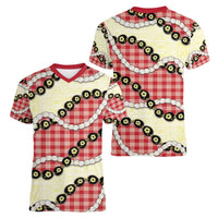 Red Palaka Hawaii Women V-Neck T-Shirt Kukui Nut Pikake Lei Hawaiian Tapa Pattern - Polynesian Pride