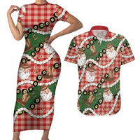 Cowboy Hawaii Mele Kalikimaka Couples Matching Short Sleeve Bodycon Dress and Hawaiian Shirt Paniolo Kukui Nut Pikake Lei Red Version - Polynesian Pride