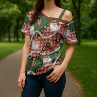 Cowboy Hawaii Mele Kalikimaka Cross Shoulder Shirt Paniolo Kukui Nut Pikake Lei Red Version - Polynesian Pride