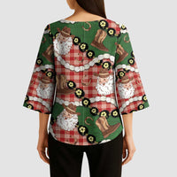 Cowboy Hawaii Mele Kalikimaka Kimono Sleeve Blouse Paniolo Kukui Nut Pikake Lei Red Version - Polynesian Pride