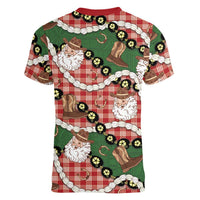 Cowboy Hawaii Mele Kalikimaka Women V-Neck T-Shirt Paniolo Kukui Nut Pikake Lei Red Version LT14 - Polynesian Pride