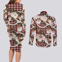 Cowboy Hawaii Mele Kalikimaka Couples Matching Long Sleeve Bodycon Dress and Long Sleeve Button Shirt Paniolo Kukui Nut Pikake Lei Burgundy Version - Polynesian Pride