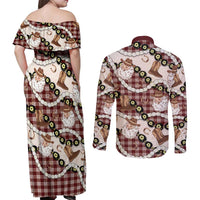 Cowboy Hawaii Mele Kalikimaka Couples Matching Off Shoulder Maxi Dress and Long Sleeve Button Shirt Paniolo Kukui Nut Pikake Lei Burgundy Version - Polynesian Pride