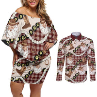 Cowboy Hawaii Mele Kalikimaka Couples Matching Off Shoulder Short Dress and Long Sleeve Button Shirt Paniolo Kukui Nut Pikake Lei Burgundy Version - Polynesian Pride