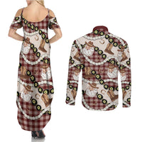 Cowboy Hawaii Mele Kalikimaka Couples Matching Summer Maxi Dress and Long Sleeve Button Shirt Paniolo Kukui Nut Pikake Lei Burgundy Version LT14 - Polynesian Pride