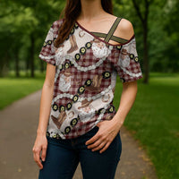 Cowboy Hawaii Mele Kalikimaka Cross Shoulder Shirt Paniolo Kukui Nut Pikake Lei Burgundy Version - Polynesian Pride