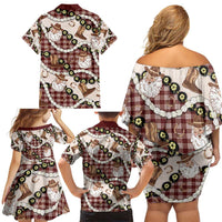 Cowboy Hawaii Mele Kalikimaka Family Matching Off Shoulder Short Dress and Hawaiian Shirt Paniolo Kukui Nut Pikake Lei Burgundy Version LT14 - Polynesian Pride