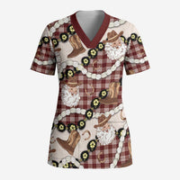 Cowboy Hawaii Mele Kalikimaka Scrub Top Paniolo Kukui Nut Pikake Lei Burgundy Version - Polynesian Pride