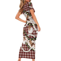 Cowboy Hawaii Mele Kalikimaka Short Sleeve Bodycon Dress Paniolo Kukui Nut Pikake Lei Burgundy Version LT14 - Polynesian Pride