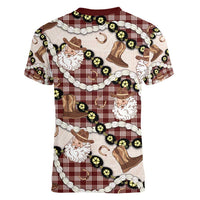 Cowboy Hawaii Mele Kalikimaka Women V-Neck T-Shirt Paniolo Kukui Nut Pikake Lei Burgundy Version - Polynesian Pride