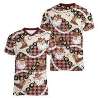 Cowboy Hawaii Mele Kalikimaka Women V-Neck T-Shirt Paniolo Kukui Nut Pikake Lei Burgundy Version - Polynesian Pride