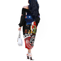 New Zealand Waitangi And ANZAC Day Off The Shoulder Long Sleeve Dress Aotearoa Maori Tiki With Last Post LT14 - Polynesian Pride