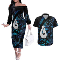Hei Matau New Zealand Matariki Couples Matching Off The Shoulder Long Sleeve Dress and Hawaiian Shirt NZ Fish Hook Maori Art LT14 Purple - Polynesian Pride