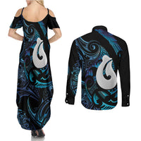 Hei Matau New Zealand Matariki Couples Matching Summer Maxi Dress and Long Sleeve Button Shirt NZ Fish Hook Maori Art LT14 - Polynesian Pride