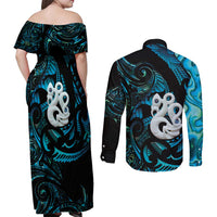 Manaia New Zealand Matariki Couples Matching Off Shoulder Maxi Dress and Long Sleeve Button Shirt NZ Paua Shell Maori Art LT14 - Polynesian Pride