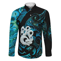 Manaia New Zealand Matariki Family Matching Long Sleeve Bodycon Dress and Hawaiian Shirt NZ Paua Shell Maori Art LT14 Dad's Shirt - Long Sleeve Turquoise - Polynesian Pride