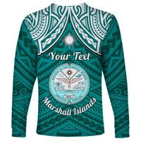 Personalised Marshall Islands Long Sleeve Shirt Turquoise Polynesian Tribal Mix Coat Of Arms LT14 - Polynesian Pride