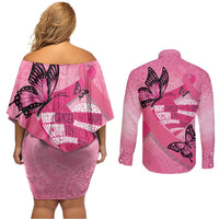 Polynesia Breast Cancer Awareness Month Couples Matching Off Shoulder Short Dress and Long Sleeve Button Shirt Pink Ribbon Mix Butterflies