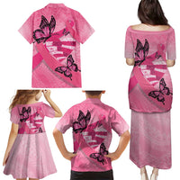 Polynesia Breast Cancer Awareness Month Family Matching Puletasi and Hawaiian Shirt Pink Ribbon Mix Butterflies