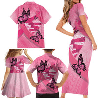 Polynesia Breast Cancer Awareness Month Family Matching Short Sleeve Bodycon Dress and Hawaiian Shirt Pink Ribbon Mix Butterflies