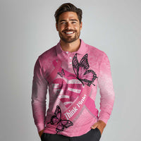 Polynesia Breast Cancer Awareness Month Long Sleeve Polo Shirt Pink Ribbon Mix Butterflies
