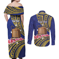 Personalised Tokelau Tokehega Day Couples Matching Off Shoulder Maxi Dress and Long Sleeve Button Shirt Tokelauan Tatau Flag Color - Polynesian Pride