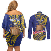 Personalised Tokelau Tokehega Day Couples Matching Off Shoulder Short Dress and Long Sleeve Button Shirt Tokelauan Tatau Flag Color LT14 - Polynesian Pride