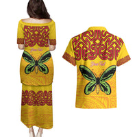 Personalised Tufi Tapa and Tattoo Festival Couples Matching Puletasi and Hawaiian Shirt PNG Oro Butterfly Tapa Pattern - Polynesian Pride