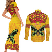 Personalised Tufi Tapa and Tattoo Festival Couples Matching Short Sleeve Bodycon Dress and Long Sleeve Button Shirt PNG Oro Butterfly Tapa Pattern - Polynesian Pride
