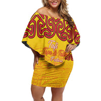 Personalised Tufi Tapa and Tattoo Festival Off Shoulder Short Dress PNG Oro Butterfly Tapa Pattern LT14 Women Yellow - Polynesian Pride