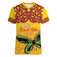 Personalised Tufi Tapa and Tattoo Festival Women V-Neck T-Shirt PNG Oro Butterfly Tapa Pattern - Polynesian Pride