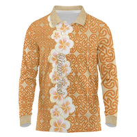 Personalised Tufi Tapa and Tattoo Festival Long Sleeve Polo Shirt Oro Tapa Cloth With Plumeria LT14 Brown - Polynesian Pride