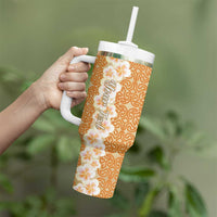 Personalised Tufi Tapa and Tattoo Festival Tumbler With Handle Oro Tapa Cloth With Plumeria - Polynesian Pride