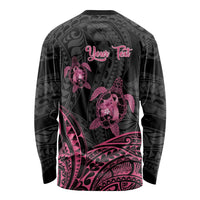 Personalised Polynesia Breast Cancer Awareness Long Sleeve Shirt No One Fights Alone Turtle Ribbon - Black Version
