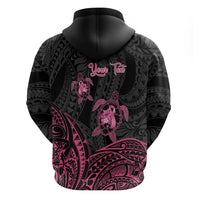 Personalised Polynesia Breast Cancer Awareness Zip Hoodie No One Fights Alone Turtle Ribbon - Black Version