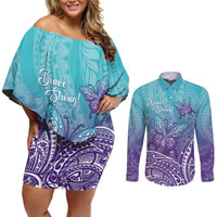 Polynesia Suicide Prevention Month Couples Matching Off Shoulder Short Dress and Long Sleeve Button Shirt Butterfly Purple And Teal Ribbon Tomorrow Needs You LT14 Teal - Polynesian Pride