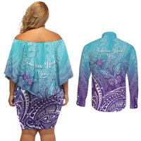 Polynesia Suicide Prevention Month Couples Matching Off Shoulder Short Dress and Long Sleeve Button Shirt Butterfly Purple And Teal Ribbon Tomorrow Needs You LT14 - Polynesian Pride