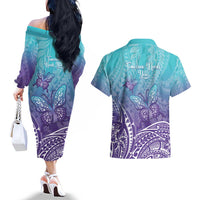 Polynesia Suicide Prevention Month Couples Matching Off The Shoulder Long Sleeve Dress and Hawaiian Shirt Butterfly Purple And Teal Ribbon Tomorrow Needs You