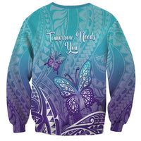 Polynesia Suicide Prevention Month Sweatshirt Butterfly Purple And Teal Ribbon Tomorrow Needs You