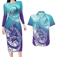 Personalised New Zealand Suicide Prevention Month Couples Matching Long Sleeve Bodycon Dress and Hawaiian Shirt You Matter NZ Fern With Maori Koru Lizard LT14 Teal - Polynesian Pride