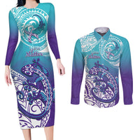 Personalised New Zealand Suicide Prevention Month Couples Matching Long Sleeve Bodycon Dress and Long Sleeve Button Shirt You Matter NZ Fern With Maori Koru Lizard LT14 Teal - Polynesian Pride