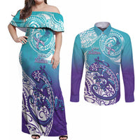 Personalised New Zealand Suicide Prevention Month Couples Matching Off Shoulder Maxi Dress and Long Sleeve Button Shirt You Matter NZ Fern With Maori Koru Lizard LT14 Teal - Polynesian Pride