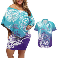 Personalised New Zealand Suicide Prevention Month Couples Matching Off Shoulder Short Dress and Hawaiian Shirt You Matter NZ Fern With Maori Koru Lizard LT14 Teal - Polynesian Pride