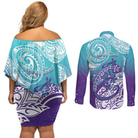 Personalised New Zealand Suicide Prevention Month Couples Matching Off Shoulder Short Dress and Long Sleeve Button Shirt You Matter NZ Fern With Maori Koru Lizard LT14 - Polynesian Pride