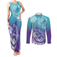 Personalised New Zealand Suicide Prevention Month Couples Matching Tank Maxi Dress and Long Sleeve Button Shirt You Matter NZ Fern With Maori Koru Lizard LT14 Teal - Polynesian Pride