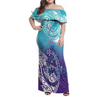 Personalised New Zealand Suicide Prevention Month Family Matching Off Shoulder Maxi Dress and Hawaiian Shirt You Matter NZ Fern With Maori Koru Lizard LT14 Mom's Dress Teal - Polynesian Pride
